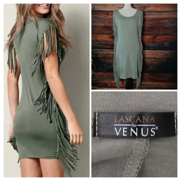 Lascana for Venus Dress Small Sage Green Side Fringe Fitted Viscose Boho Stretch - Picture 1 of 12